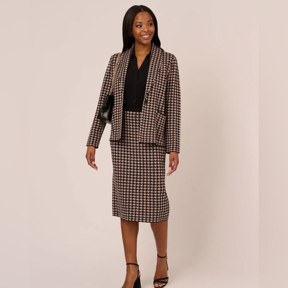 NWT Adrianna Papell Soft Houndstooth Suit with Shawl Collar in Dusty Camel